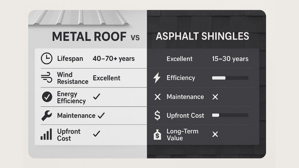 Side-by-side comparison of metal roofing panels and asphalt shingles