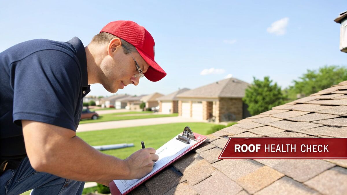 Professional roofer performing a detailed roof inspection
